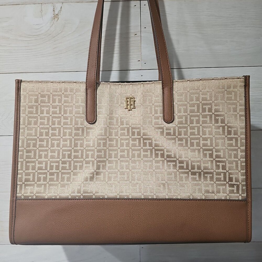 Tommy Hilfiger TH Monogram Jacquard Tote Bag Brown Tan Logo Shoulder Handbag